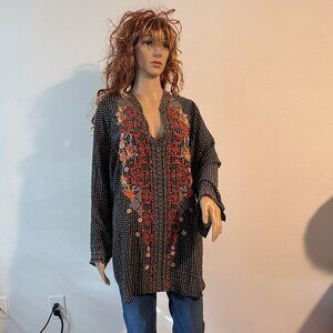 Johnny Was Biya Black Embroidered Silk Tunic Long Sleeve Boho Top Size L
